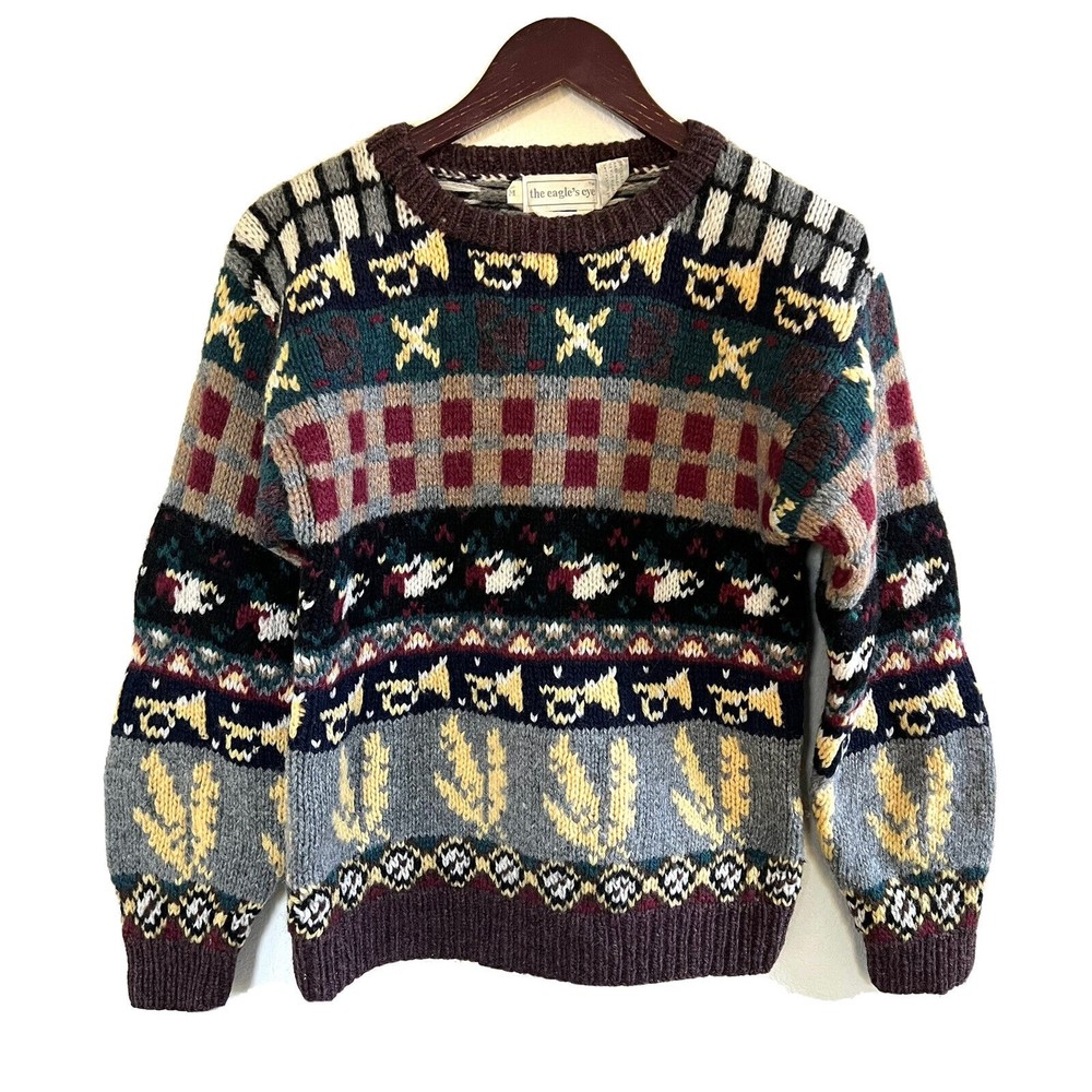 Vintage The Eagles Eye Handknit Shetland Wool Colorful Sweater Size M Womens